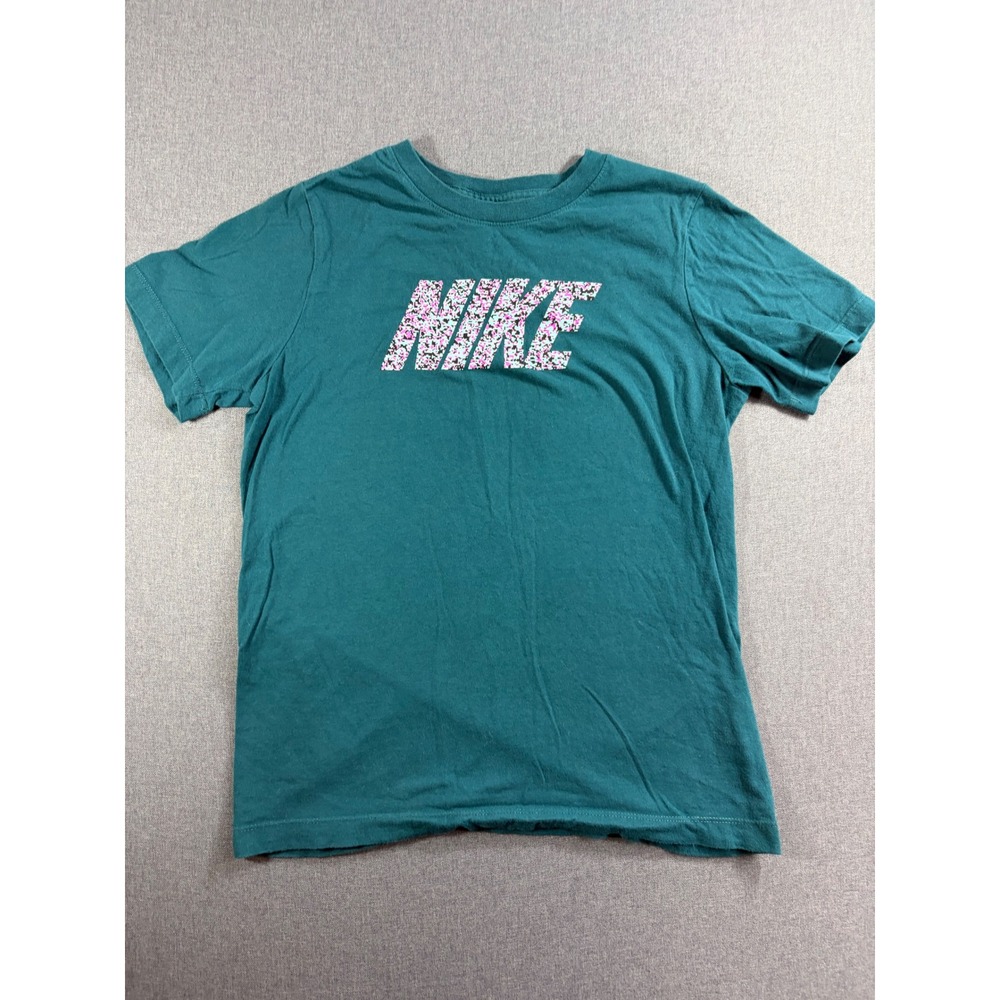 Nike Girls Teal Green Digital Pixel Floral Graphic Logo T-Shirt Size Large L